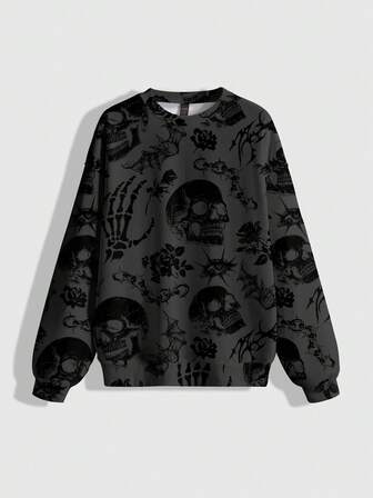 Grunge Punk Sudadera gótica de talla grande con estampado vintage de calavera, espinas y plantas oscuras de la calle