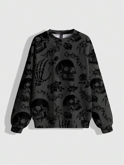 Grunge Punk Große Größen Vintage Street Style Totenkopf, Dorn, dunkle Pflanzen Palme Muster Große Größen Gothic Sweatshirt