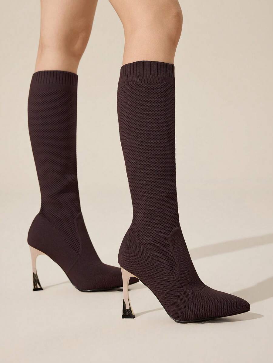 CUCCOO BASICS Damen Kaffeefarben Spitze Stiletto High Heel Elastisch Gestrickt Atmungsaktiv Schlank Bein Overknee Stiefel, Schwarz