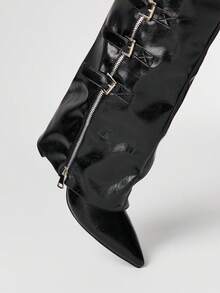 ROMWE Grunge Punk Giày bốt cao đến đầu gối đế dày có khóa kéo có thể điều chỉnh thời trang dành cho nữ - màu đen - Xem 3