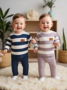Vintaside Kids 4件套蓝白灰条纹长袖T恤裤套装，轻便童装，适合幼儿男童 - 彩色 - 查看 8