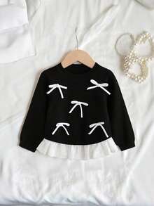 女婴毛衣 时尚可爱圆领长袖针织上衣，配有3D蝴蝶结、刺绣花卉下摆拼接，柔软舒适，适合春、秋、冬、日常、户外、旅行、度假、居家、托儿所等场合穿着。另有女婴黑白连衣裙、黑色连衣裙、白色领连衣裙、优雅女婴上衣、黑色女婴服装、女婴服装、黑色蝴蝶结女婴服装、婴儿针织衫等。 - 黑色 - 查看 11