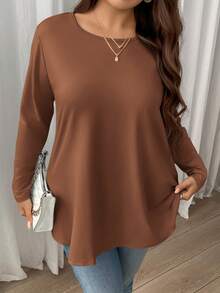 Firerie Maglietta basic a maniche lunghe con orlo a ombrello, vestibilità morbida, scollo tondo, colore unito, elegante e casual, adatta per le vacanze, taglie comode - Marrone ruggine - Visualizzare 2