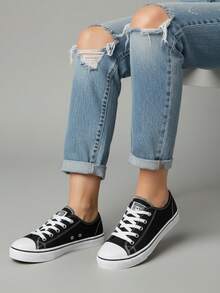 tenis hombre mujer casuales de lona planos choclo unisex baratos moda con raya colores básicos 22mx 29mx confort al camina urbano casual con agujetas zapatillas urbano deportivo blanco negro - Blanco y Negro - Ver 2