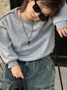 DAZY Young Boy Pentagram Print Loose Fit Crew Neck Drop Shoulder Long Sleeve Sweatshirt - Grey - View 7