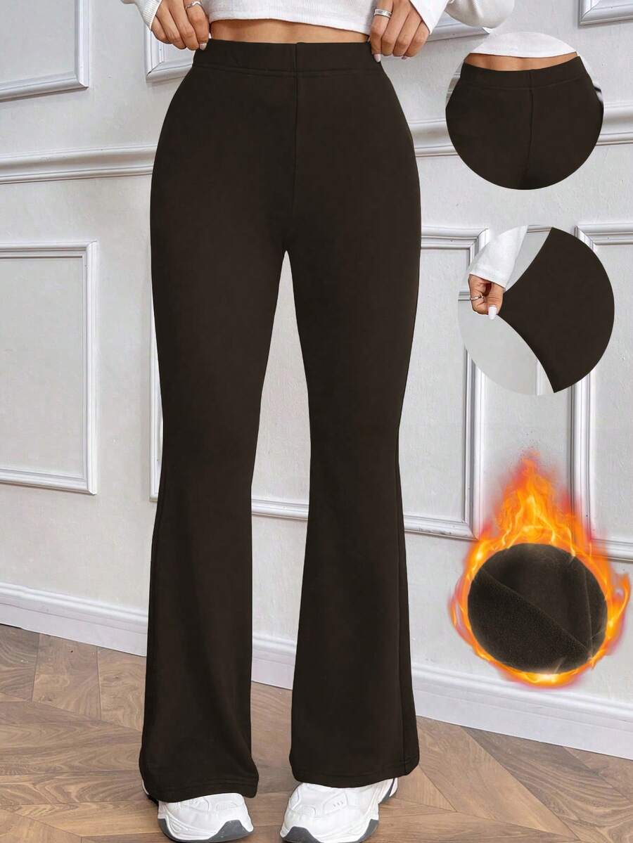 EMERY ROSE 女士休闲日常百搭修身保暖高腰喇叭裤，松紧腰，黑色，冬季款 - 巧克力棕 - 查看 1