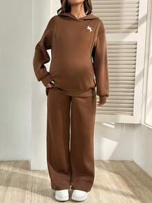 SHEIN 2pcs Maternity Casual Hoodie Sweatshirt And Pants Breastfeeding Set, Autumn/Winter - Brown - View 3