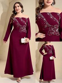 Coutiva Elegant Sequin Embellished Long Sleeve Dress,High-End Formal Burgundy Gown For Banquet,Spring Evening Dinner Wedding Mother Of Groom Turkish Dress - Burgundy - View 3