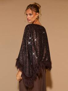 COSMINA 女士优雅亮片宽松船领不对称下摆毛绒套头衫，秋冬款 - 棕色 - 查看 1