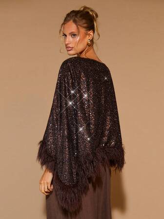 COSMINA Damen eleganter Pailletten Loose Boat Neck asymmetrischer Saum Pelz Pullover Top, Herbst/Winter