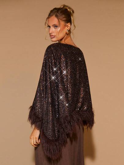 COSMINA Top holgada con cuello de barco elegante con lentejuelas, bajo asimétrico y peluda, para otoño/invierno