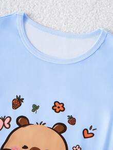 SHEIN 2件套女童可爱熊动物印花蓝色上衣和熊星全身印花舒适柔软弹力针织贴身家居服套装 - 彩色 - 查看 5