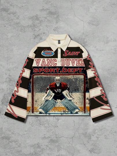 Street Life Men's Printed Long Sleeve Striped Polo Collar T-Shirt, Casual College Style Top