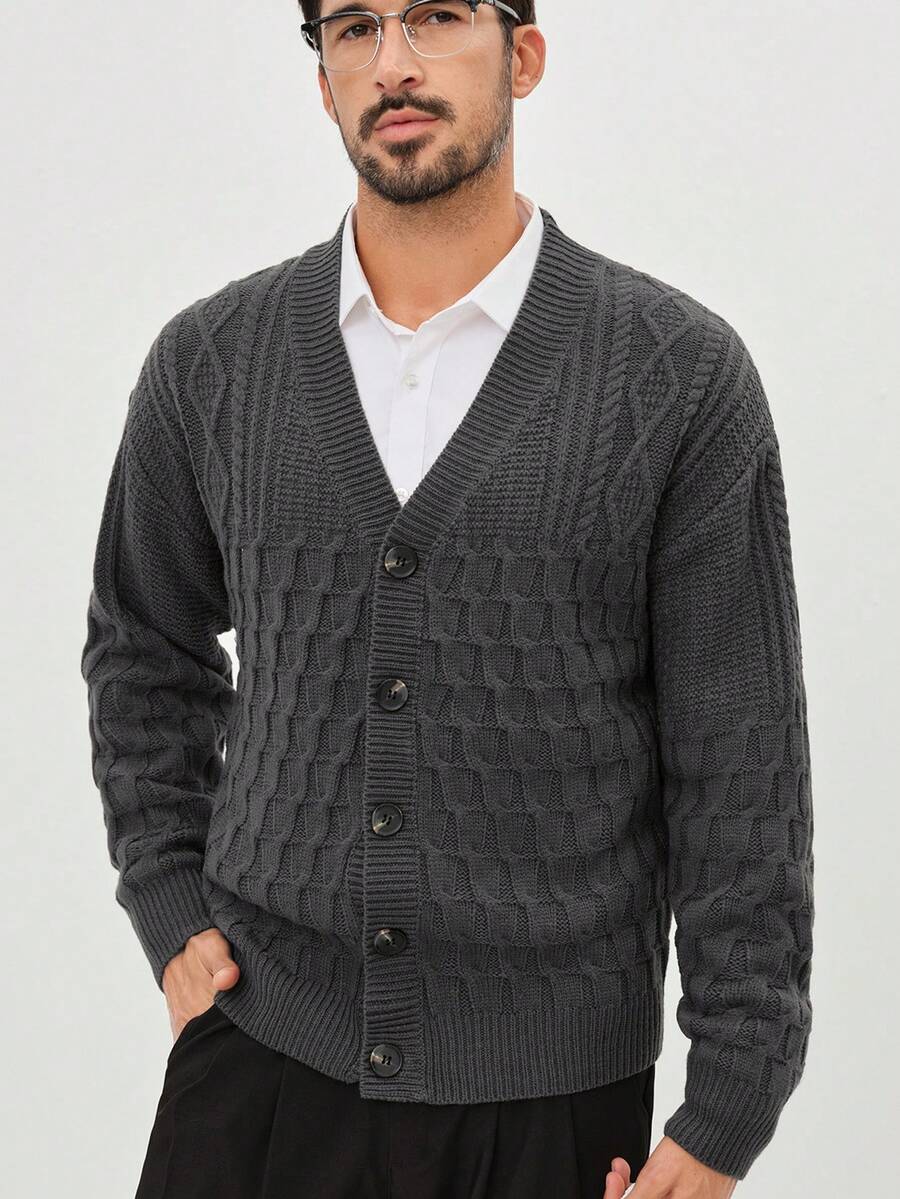 Manfinity CityGents Men's Simple Solid Color Textured Knit Button-Up Cardigan, Autumn/Winter Men Casual Suit Knitted Cardigans Grey Cardigan, Long Sleeve Top