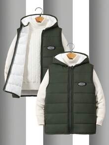 Vacaura 男童休闲连帽字母刺绣棉质背心，秋冬季 - 軍綠色 - 查看 4