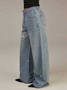 Athîral 女士水钻装饰口袋直筒宽松休闲牛仔裤 - 藍色 - 查看 4