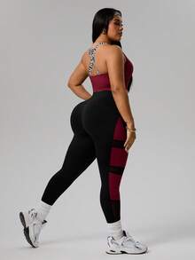 Rhythm Era 女士三件套休闲运动套装：圆领露脐T恤（网眼拼接，含可拆卸文胸），撞色拼接网眼紧身裤。适合日常穿着、跑步、瑜伽，尺码齐全。 - 彩色 - 查看 5