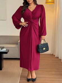 Vionelle Plus Size Satin Shiny Long Dress With Lantern Sleeves, Twist Front Detail, Hidden Zipper, Romantic Party Dress, Autumn/Winter Women Elegant Dress Elegant Midi Dress Long Sleeve Elegant Dress Twist Front Dress Curve Elegant Dress Chinese New Year - Burgundy - View 6