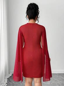 Elenzga Plus Size Women's Heavily Embellished Sexy Chiffon Patchwork Bodycon Dress - Red - View 2