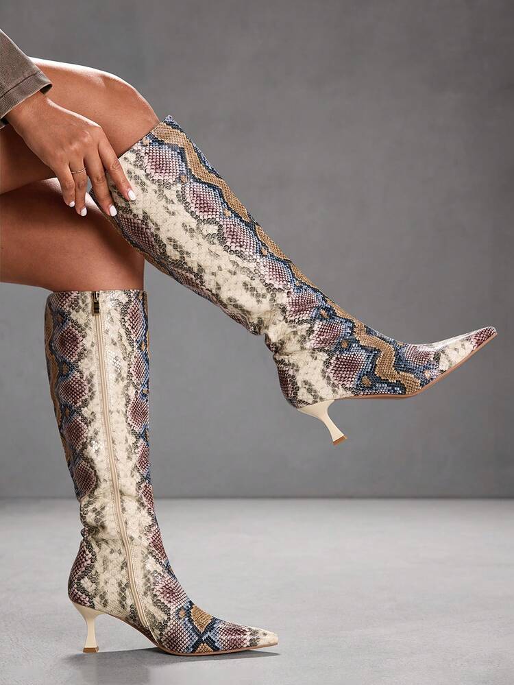 CUCCOO SZL Women's Snake Skin Pattern Pointed Toe Side Zipper Design Fashionable High Heel Knee-High Boots For Christmas Valentine's Day Spring Shoes