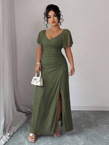 Elenzga 女士薰衣草色V领荷叶边袖腰部褶裥开衩连衣裙，优雅伴娘礼服，适合婚礼、派对、正式场合 - 軍綠色 - 查看 6