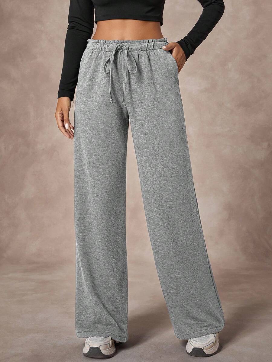 Women's Solid Elastic Waisted Drawstring Wide Leg Casual Sweatpants - Light Grey - View 1