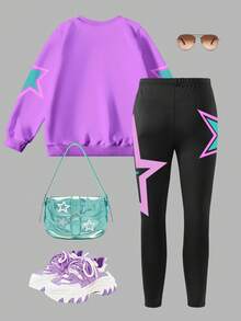 Sparklyn 2pcs/Set Tween Girl KPOP Graphic Print Top, Girls Crew Neck Sweatshirt And Leggings Set, Fashionable Casual, Suitable For Autumn/Winter - Multicolor - View 6