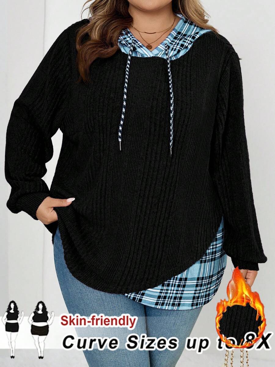 SHEIN CURVE+ 柔软磨毛面料格纹撞色下摆卫衣，加大码 - 黑色 - 查看 1