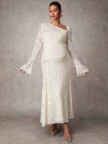 MaterniChic Maternity Clothes Maternity  Dress Spring And Summer Pregnant Clothes White Dress Jacquard One Shoulder Elegant Party Romantic - Apricot - View 3