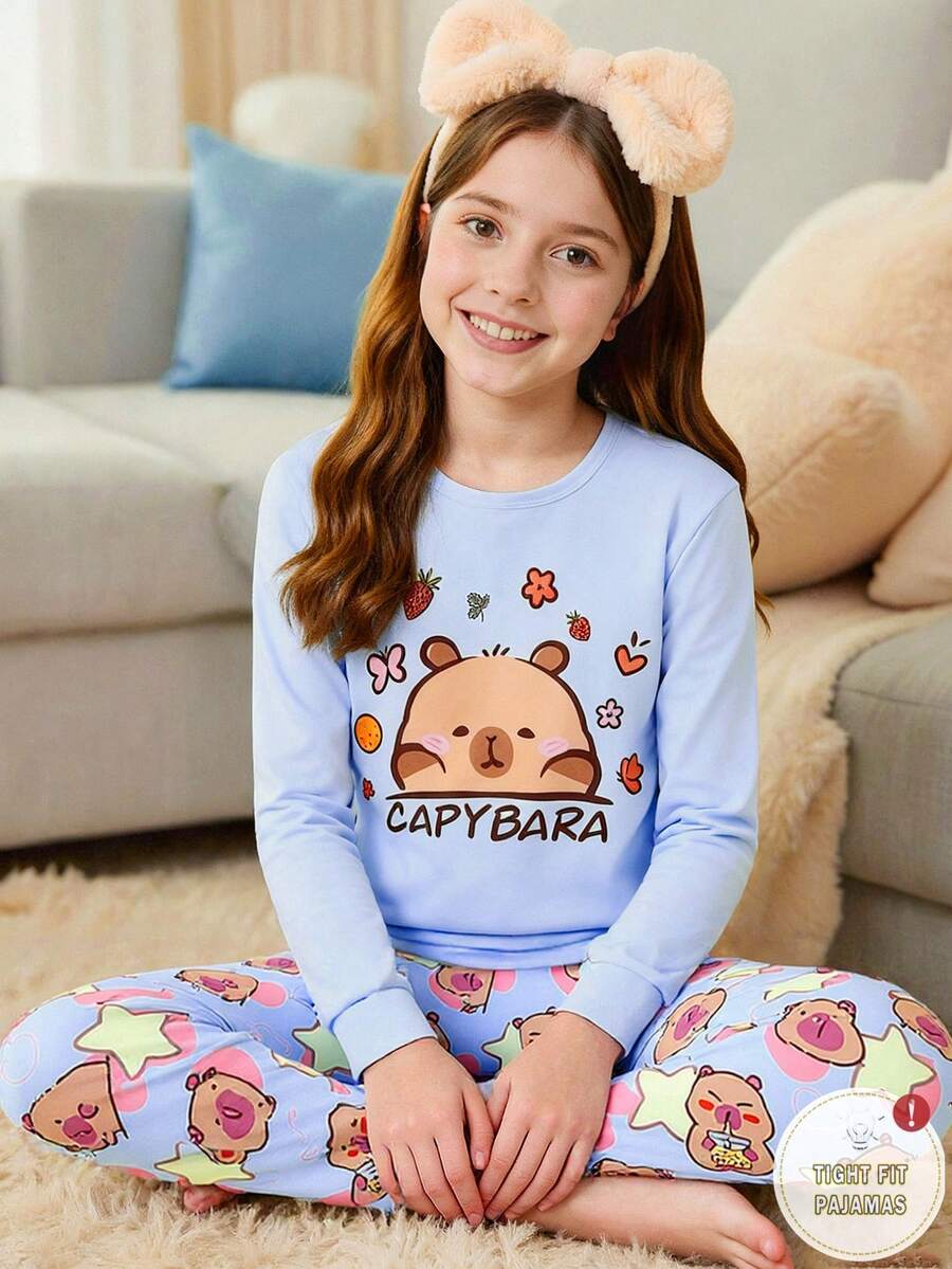 SHEIN 2件套女童可爱熊动物印花蓝色上衣和熊星全身印花舒适柔软弹力针织贴身家居服套装 - 彩色 - 查看 1