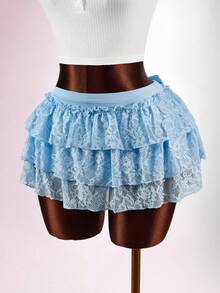 Amplova Women's Mini Skirt With Detachable Bow At Back, Super Low Waist Cute Solid Blue Sexy Ruffle Hem - Blue - View 4