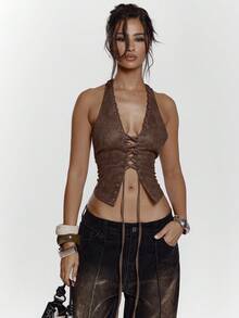MUSERA V Plunge Faux Leather Lace Up Eyelet Stitched Detail Open Back Halterneck Top Sexy Going Out Night Out Winter Cute Streetwear Feraux Spring Summer Festival - Coffee Brown - View 1