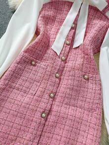 GlowEve 女士格子拼接系领纽扣设计优雅二合一连衣裙 - 粉色 - 查看 5