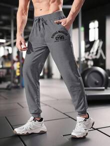 GymBeat Men's Casual Printed Pockets Drawstring Long Pants Sweat Pants - Dark Grey - View 4