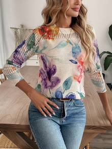 EMERY ROSE 全新复古艺术扎染印花圆领轻盈冰丝女式套头毛衣，时尚春夏季女式花卉毛衣女式彩色上衣女式衬衫长袖夏季女式毛衣女式毛衣 - 杏色 - 查看 7