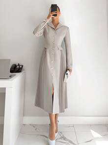 Siren Gaze Women's Solid Color Minimalist Long Sleeve Midi Dress, Casual Everyday Wear Office Dress For Women Dress Modest Long Sleeve Elegant Dress Corporate Dress Pleated Dresses For Women New Year Dress Elegant Dresses For Women Formal Dress Formal Dress For WomenOffice Attire Old Money Style Dress Hepburn-Style Pleated Suit Dress Winter Elegant Clothes For Women Dress Suits For Woman Winter Dress For Women Blazer Dress For Women - Nude - View 4