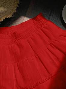Comfortcana Women's Solid Color Elastic Waist Double Ruffle Hem Fashionable Skirt - Red - View 4