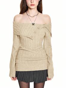 ROMWE Y2K风格露肩罗纹针织毛衣，腰部收紧 - 咖啡棕 - 查看 3