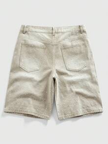 ROMWE MEN Street Life Men's Pearl & Diamond Embellished Loose Denim Shorts - Khaki - View 3