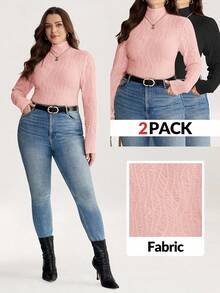 Comfylo Plus Size Solid Color Turtleneck Textured T-Shirt, Casual Autumn/Winter - Pink - View 10