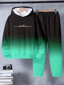 青少年男孩字母印花渐变连帽衫和运动裤休闲套装 - 彩色 - 查看 5