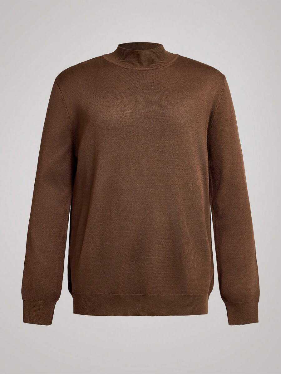 Men's Solid Color Casual Turtleneck Long Sleeve Pullover Sweater, Old Money Style, For Fall Winter - Brown - View 1