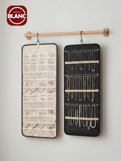 Madebyblanc 大容量珠宝收纳袋 - 双面壁挂式壁橱收纳，带挂钩，可挂耳环/项链/戒指 | 防尘优质涤纶门收纳袋（黑色情人节礼物创意）