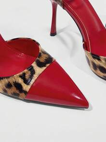 CUCCOO SZL Zapatos de tacón con puntera puntiaguda, estampado de leopardo y parches, elegantes y de moda para uso diario - Rojo - Ver 6
