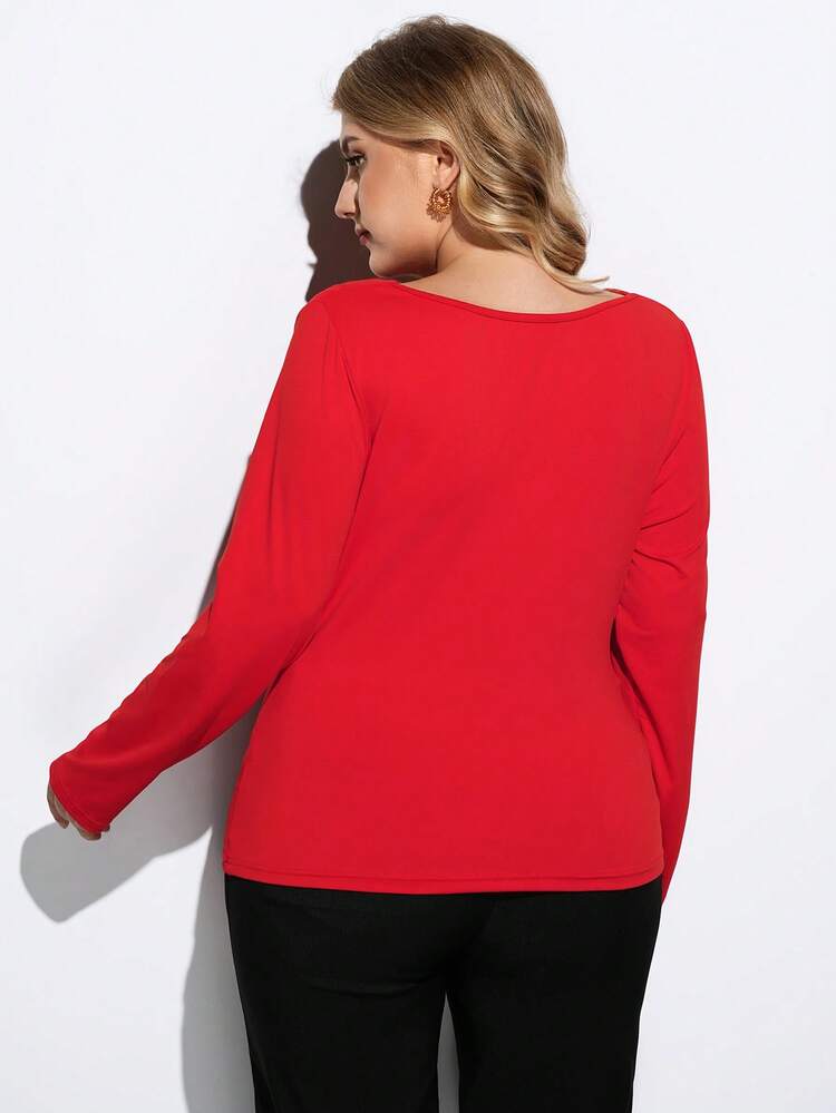 SHEIN Maija Women's Asymmetric Ruched Design Fitted Long Sleeve Top, Urban Commute Business Casual Office Wear, Elegant For Christmas Party, New Year Celebration, Red Blouse Red Long Sleeve Top Dark Red Top Red Blouse Women Plus Plus Size Red Tops Red Tops For Curve/Winter