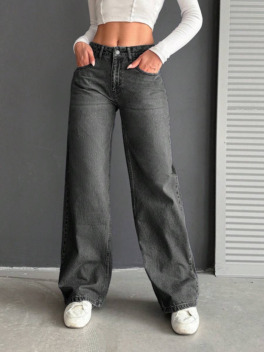 SHEIN Cottnline 100%Cotton Low Waist Wide Leg Medium Wash - Dark Grey - View 1