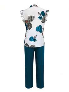 SHEIN LUNE Bộ 2 áo sơ mi tay bồng họa tiết hoa đi nghỉ mát dành cho nữ và quần thường ngày - Màu xanh ngọc - Xem 2