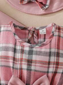 Elladie kids Conjunto de 3 piezas de estilo vintage para niñas: Chaqueta de mezcla de lana de unicolor con cuello de solapa + Vestido sin mangas de cuello redondo a cuadros + Boina a juego de mezcla de lana, para primavera y otoño - Rosa - Ver 4