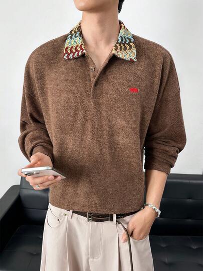 ESTAVOR Men's Casual Contrast Collar Long Sleeve T-Shirt, Autumn/Winter