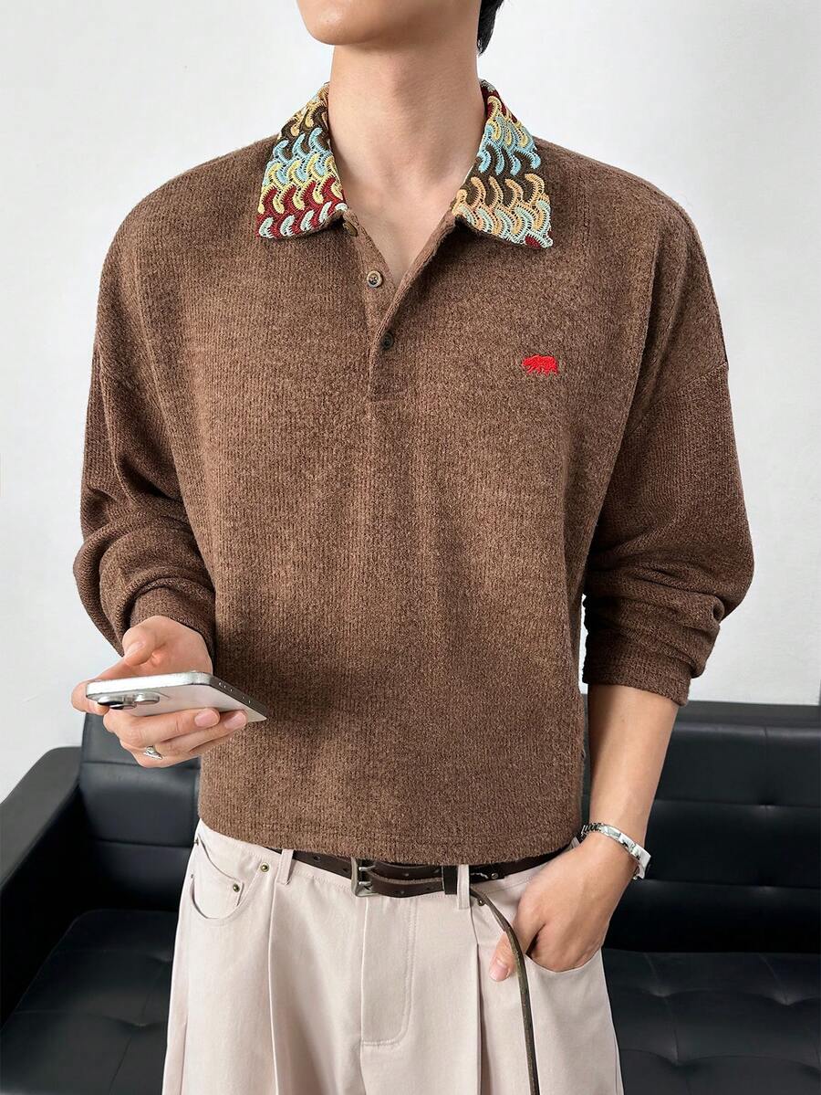 ESTAVOR Men's Casual Contrast Collar Long Sleeve T-Shirt, Autumn/Winter - Brown - View 1